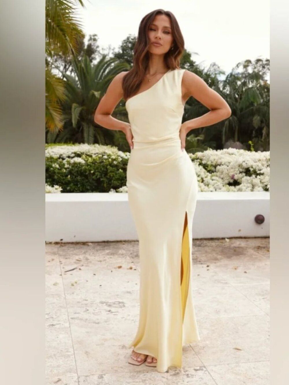 Billy J Victoria Maxi Dress Butter Yellow One Shoulder Satin Gown US 0 NWT AU 4